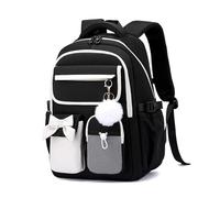FANDARE Mochila linda con lazo para chicas adolescentes Ligera Bolsas escolares con correas ajustables, compartimento para portátil y llavero de peluche para escuela, universidad y viajes negro blanco