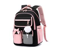 FANDARE Mochila Linda con Lazo para Chicas Adolescentes Ligera Bolsas Escolares con Correas Ajustables, Compartimento para portátil y Llavero de Peluche para Escuela, Universidad y Viajes Negro Rosa