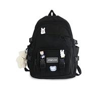 FANDARE Mochila Mujer Impermeable 15.6 Pulgadas Mochila Casual con Compartimiento para Portátil Estilo Bonito con Colgante de Osito e Insignias de Dibujos Animados Negro