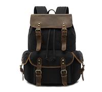 FANDARE Mochila Vintage Unisex de Cuero y Lona, Mochila Casual Ligera, Bolsillos de Viaje Senderismo, Estilo Clásico para Hombre y Mujer Negro