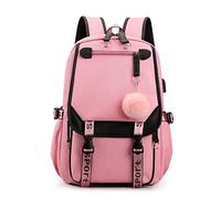 FANDARE Mochilas Escolares Mochilas Tipo Casual Niños Niñas Juveniles Bolsas Escolares con USB Mochilas Escolares para Estudiante Viaje Hiking Infantiles Daypacks con Colgante Bola de Pelo Rosa