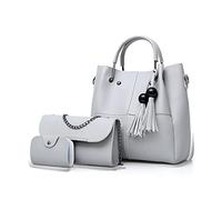FANDARE Moda Bandolera de Cubo 3pcs Set Bolsos Totes para Mujer Impermeable Shoppers y Bolsos de Hombro Bolsos con Flecos Bolso PU Cuero Bolso Bandolera con Cadena para Viajes Compras Gris Claro