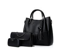 FANDARE Moda Bandolera de Cubo 3pcs Set Bolsos Totes para Mujer Impermeable Shoppers y Bolsos de Hombro Bolsos con Flecos Bolso PU Cuero Bolso Bandolera con Cadena para Viajes Compras Trabajo Negro A