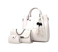 FANDARE Moda Bandolera de Cubo 3pcs Set Bolsos Totes para Mujer Impermeable Shoppers y Bolsos de Hombro Bolsos con Flecos Bolso PU Cuero Bolso Bandolera con Cadena para Viajes Compras Blanquecino