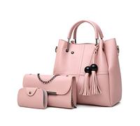 FANDARE Moda Bandolera de Cubo 3pcs Set Bolsos Totes para Mujer Impermeable Shoppers y Bolsos de Hombro Bolsos con Flecos Bolso PU Cuero Bolso Bandolera con Cadena para Viajes Compras Trabajo Rosa