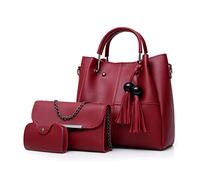 FANDARE Moda Bandolera de Cubo 3pcs Set Bolsos Totes para Mujer Impermeable Shoppers y Bolsos de Hombro Bolsos con Flecos Bolso PU Cuero Bolso Bandolera con Cadena para Viajes Compras Trabajo Rojo