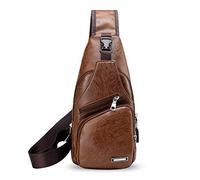 FANDARE New Sling Bag Hombres Estudiantes Deportes Fitness con Puerto de Carga USB Earphone Hole Bolsa de Hombro Impermeable PU Brown L