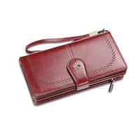 FANDARE Retro Billetera Cuero Cartera Monedero Cartera de muñeca Hombre Mujer Billetera con Bolsillo para Monedas y 22 Ranuras para Tarjetas Wallet Rojo