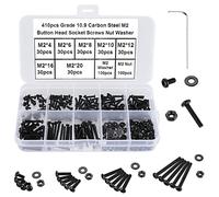 FandWay 410 Piezas Tornillos Cabeza de Redonda con Hexagonal Tornillos de Cabeza Allen en Alomada,M2 Tornillos de Máquina Rosca Completa Acero al Carbono 10.9 Negro con Tuercas Arandelas 1 llave.