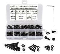 FandWay 410 Piezas Tornillos de Cilíndrica Hexagonal M2x4/6/8/10/12/16/20mm con Cabeza Allen - Rosca Completa de Acero al Carbono 12.9 Negro con Tuercas, Arandelas y 1 Llave