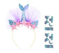 FangBoJie Diadema de sirena, disfraz de sirena para mujer y niña, tiara de sirena, diadema con estrellas y purpurina y 2 hojas, tatuaje facial, disfraz de carnaval y sirenas, accesorios