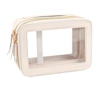 FangDaLe Bolsa de maquillaje transparente de doble capa, bolsa de cosméticos impermeable, bolsa de aseo transparente para mujer, bolsa de viaje portátil de cuero transparente para artículos de tocador