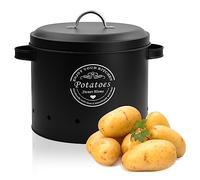 Fangehong 1 Pieza Botes para Patatas, Contenedores Ajos Cebollas de Metal, Recipientes de Almacenamiento de Alimentos Vintage, Cubo de Verduras con Tapa (Patatas Negro)