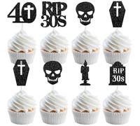 Fangleland 24 decoraciones de cumpleaños con temática gótica para 40 cumpleaños - Decoración para cupcakes de papel con purpurina para decoración de postres de fiesta gótica de muerte a mis treinta