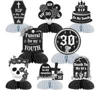 Fangleland 8 centros de mesa de panal de abeja Rip to My 20s, color negro y plateado de la muerte de mi juventud 30 decoraciones de fiesta para mesa, suministros de fiesta de mesa 3D gótico funerario