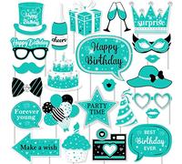 Fangleland Accesorios para fotomatón de cumpleaños Turquesa, 24 Piezas de Decoraciones de Feliz cumpleaños Azul Turquesa con Accesorios para Fotos de Selfie Forever Young para Adultos, Suministros de