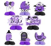 Fangleland Centros de mesa de Halloween para baby shower, diseño de panal, A Little Boo Is Almost Due (A Little Boo Is Almost Debid), color negro y morado, revelación de género, celebración del