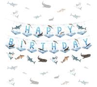 Fangleland Decoración de pancarta de feliz cumpleaños de tiburón, guirnalda con temática de tiburón oceánico, decoraciones colgantes de celebración de cumpleaños, decoraciones de tiburón para fiesta