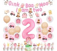 Fangleland Decoraciones de 2º cumpleaños de granja rosa para niñas - Oink Baa Moo Soy dos Granjas Animales Tema Cumpleaños Fiesta Suministros con Banner Guirnalda Globos Cake Topper Cupcake Toppers