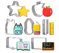 Fangleland Juego de 7 cuchillos para cortar galletas de regreso a clases, cortadores de agradecimiento al profesor de acero inoxidable con lápiz de manzana, regla de pizarra negra, bolsa escolar