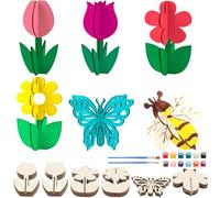 Fangoo 24 Piezas Flores de Madera en 3D Tulipanes Abeja Mariposa de Madera con 12 Colores de Pintura Acrílica Letrero Diy Manualidades de Madera Para la Decoración del Hogar y del Festival