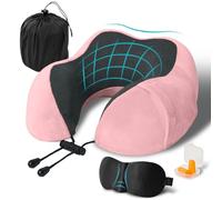 FANHOMAS Almohada de Viaje, Cojin Cuello Viaje de Espuma Memoria, Almohada Cervical para Oficina Avión Tren Coche, Travel Neck Pillow con Tapones para los Oídos y Máscara de los Ojos - Rosa