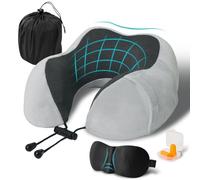 FANHOMAS Almohada de Viaje, Cojin Cuello Viaje de Espuma Memoria, Almohada Cervical para Oficina Avión Tren Coche Viajando, Travel Neck Pillow con Tapones para los Oídos y Máscara de los Ojos - Gris