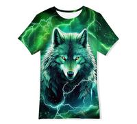 Fanient Camisetas para niños y niñas,Camiseta con Estampado de Lobo Verde Fresco,Camisa de Manga Corta Estilo Callejero para Todos los días,13-14 años L