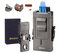 FANKAI Encendedor de cigarros, encendedor multiherramienta con cortador en V deslizante, soporte para puros, accesorios para puros, encendedor de butano, llama triple chorro, regalo genial para