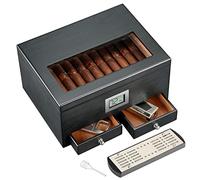 FANKAI Humidificador de puros con 2 cajones, accesorios para puros con humidificador, caja de puros de madera de cedro maciza, regalos de puros para hombres, humidificador superior de cristal, funda