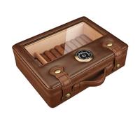 FANKAI Humidificador de puros, funda de piel sintética con parte superior de cristal, higrómetro humidificador, forro de madera de cedro para 50 puros (marrón)