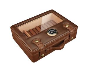 FANKAI Humidificador de puros, funda de piel sintética con parte superior de cristal, higrómetro humidificador, forro de madera de cedro para 50 puros (marrón)