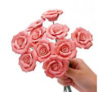 FANLUTYIN Ceramic Flower Bouquet Set of 10 Handmade Ceramic Roses Simulated Flowers Floral Decorations, Creative Gifts for Flora Home Decor (Red Rose, 10 Inch (Pack of 10))