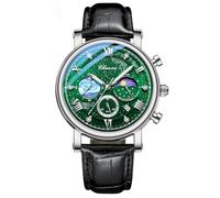 FANMIS Reloj analógico clásico multifuncional militar deportivo para hombre, para negocios, impermeable, luminoso, cronógrafo, cielo estrellado, fase lunar, reloj de pulsera de cuero, Z Plata Verde,