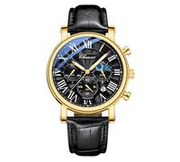 FANMIS Reloj analógico clásico multifuncional militar deportivo para hombre, para negocios, impermeable, luminoso, cronógrafo, cielo estrellado, fase lunar, reloj de pulsera de cuero, X dorado y negro