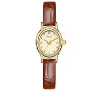 FANMIS Reloj vintage pequeño de pulsera dorada para mujer, delicado minimalismo, ovalado, fácil de leer, resistente al agua, acero inoxidable ajustable y banda de expansión, Dorado marrón
