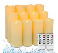 Fanna 12 Velas LED de plástico Resistentes al agua Marfil con 2 Mandos a Distancia, Velas a Pilas con Temporizador para Boda e Iglesia, Uso en Exteriores - Diámetro 5,5 cm, Alturas 12,5/15/ 18 cm