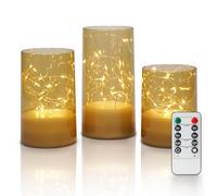 Fanna 3 faroles de vela de hadas con control remoto para decoración de centro de mesa, cadena de luces parpadeantes integradas en velas sin llama que funcionan con pilas para Navidad, acrílico dorado,