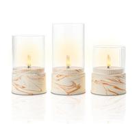 Fanna 3 Velas LED con Temporizador en Textura de Mármol Diseño Marrón y Blanco, Linternas de Vidrio Yellow con Pilas para la Decoración del hogar y Navidad, Uso Interior - Alturas 10/12,5/15 cm