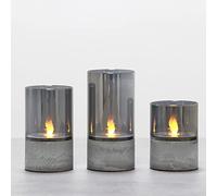 Fanna 3 Velas LED Efecto llama de Navidad Vidrio Gris, Linternas Cilíndricas Decorativas con Temporizador, Uso Interior - Alturas 10/12,5/15 cm