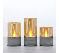 Fanna 3 velas led efecto llama de vidrio dorado con temporizador, Velas a pilas para Navidad, Faroles Cilíndricos decorativas Alturas 10/12,5/15cm
