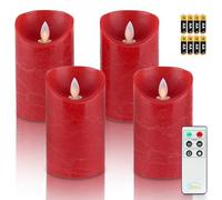 Fanna 4 Velas Rojas LED Efecto llama para Navidad y Adviento, Velas LED de Cera Real con Mando a Distancia, 8 AA Pilas Includias, Uso en Interiores - Diámetro 7,5 cm, Altura 12,5 cm