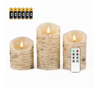 Fanna Juego de 3 velas LED sin llama de corteza de abedul con temporizador, velas de cera que funcionan con pilas con control remoto para Navidad, 6 pilas incluidas, altura de 10,2 cm, 12,7 cm, 15,2