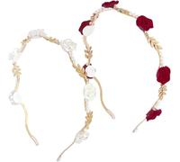 FANNAS 2 Piezas Cinta de Pelo Rosa Corona Flores Rojo Blanco Diadema Comunion Niña Diadema de Perlas Diademas Niñas Elegantes Accesorios para el Pelo Ideal Fiestas, Celebraciones, Bodas