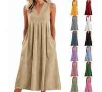 FannBiatty Vestidos Verano Mujer 2026,Cuello V Algodón y Lino Vestido Mujer Verano Casual Sueltos Color Sólido Vestidos Largo Cintura Alta con Bolsillos Cómodo y Transpirable Maxi Vestidos Playeros