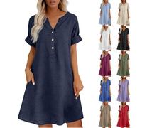 FannBiatty Vestidos Verano Mujer 2026,Cuello V Algodón y Lino Vestido Mujer Verano Casual Sueltos Color Sólido Vestidos Largo Cintura Alta con Bolsillos Cómodo y Transpirable Maxi Vestidos Playeros
