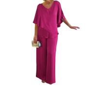 FANOIES Traje tipo túnica gris de doble capa para mujer, 2 piezas, talla grande, vestidos de madre de la novia, trajes de pantalón, Rosa Roja, L