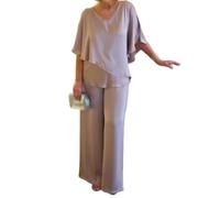FANOIES Traje tipo túnica gris de doble capa para mujer, 2 piezas, talla grande, vestidos de madre de la novia, trajes de pantalón, caqui, 3XL