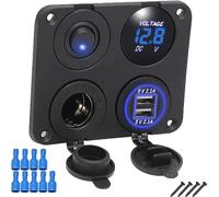 FanPaYY 4 en 1 Panel de Enchufes, Universal Adaptador para Cargador USB Dual Voltímetro Azul Interruptor Encendedor de Cigarrillos para Coche Camión Barco Marino