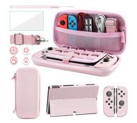 FANPL Case bundle for Nintendo Switch OLED Accessories, Carrying Case for Switch OLED and JoyCon Controller with Hard Flip Protective Case and Screen protector, 4 Thumb Grips, Shoulder Strap (Pink)